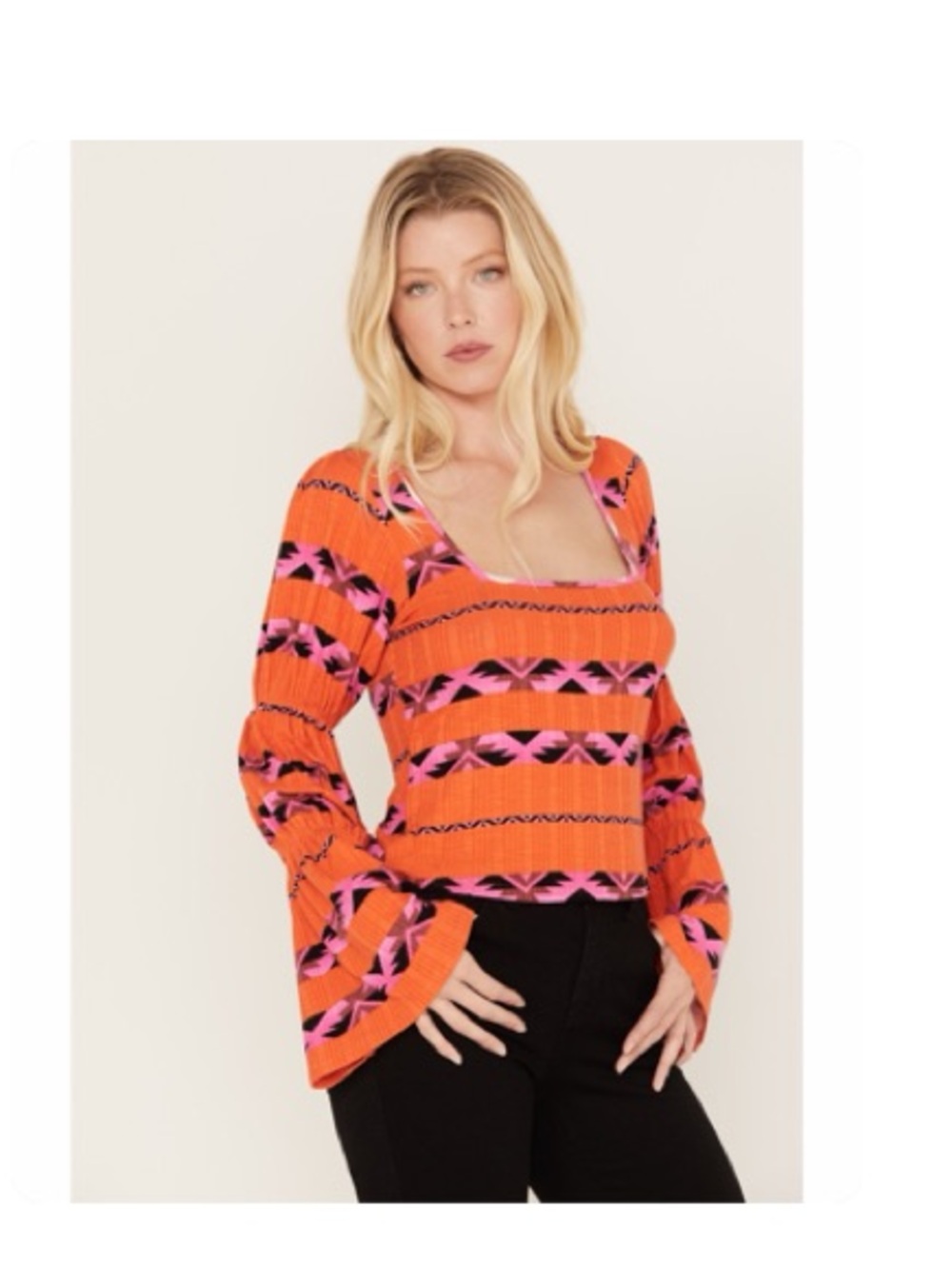 Wrangler retro Orange Southwestern Stripe Long Sleeve Top with Black Pattern
